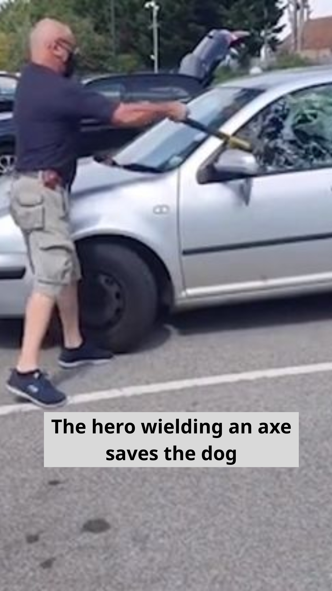 The hero uses an axe to save the dog